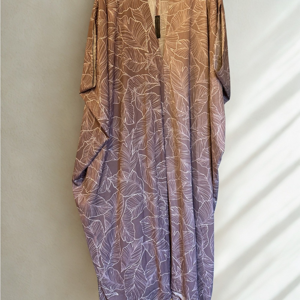 Jennifer Grace Taupe & Cream Two-Tone Leaf Print Caftan, Roomy L/XL, 53″